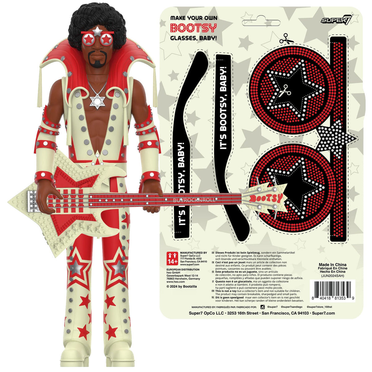 Bootsy Collins Unpunched Super7 Reaction Figure Set Black/Red, Black/Gold, Glow