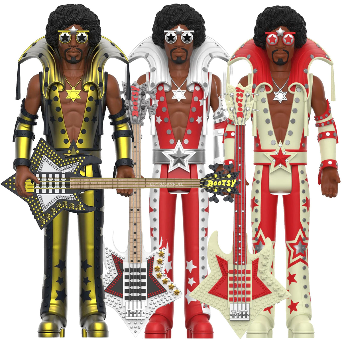 Bootsy Collins Unpunched Super7 Reaction Figure Set Black/Red, Black/Gold, Glow