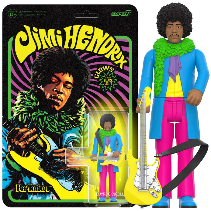 Jimi Hendrix 2023 Super7 Reaction Blacklight Figure Are You Experienced Flocked Card EX/NM