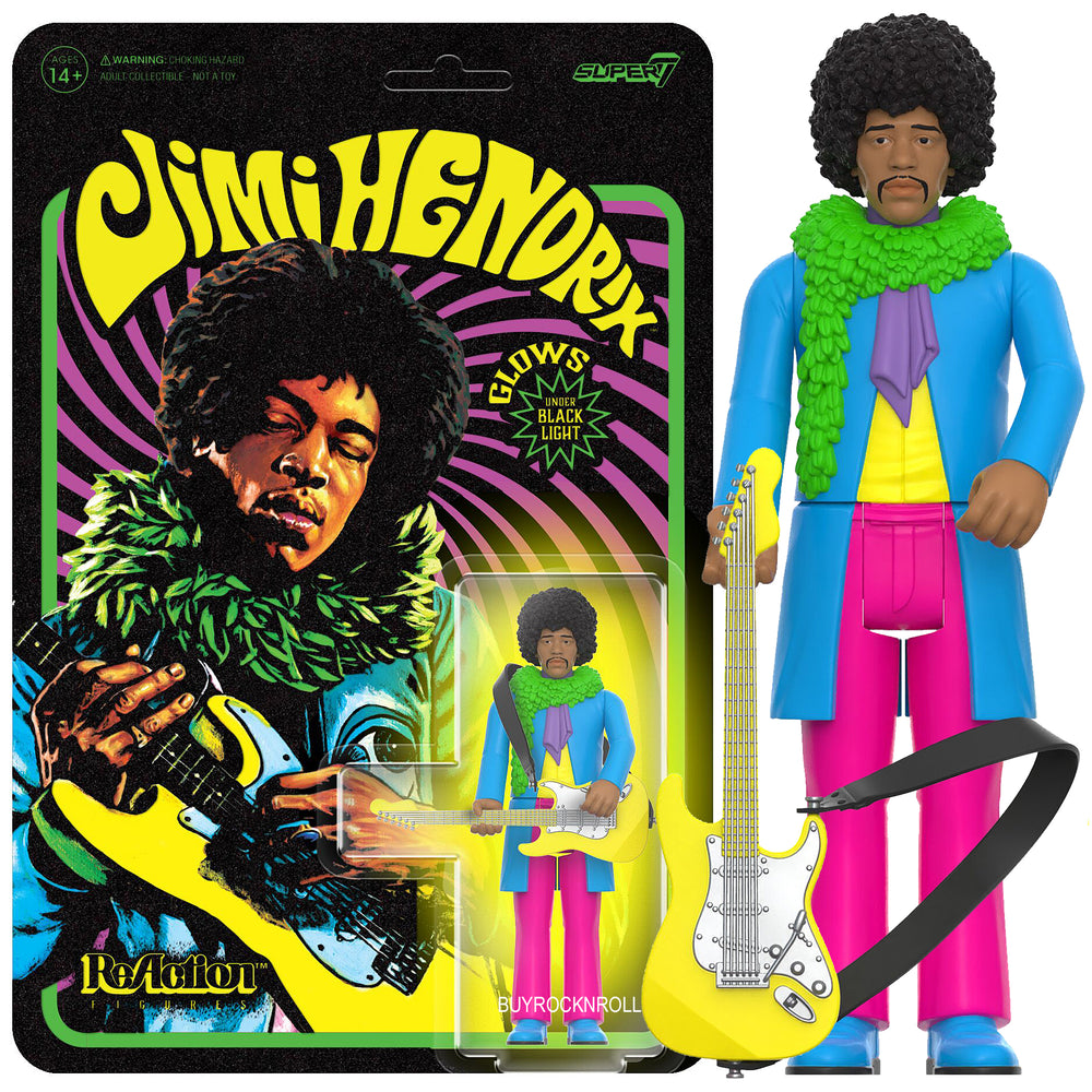 Jimi Hendrix 2023 Handpicked Super7 Reaction Blacklight Figure Are You Experienced Flocked Card