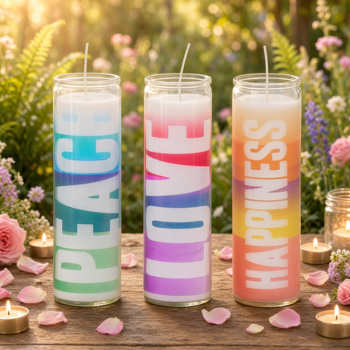 New Peace Love Happiness 7 Day Candle Set of 3 — Sisters of Los Angeles (prayer)