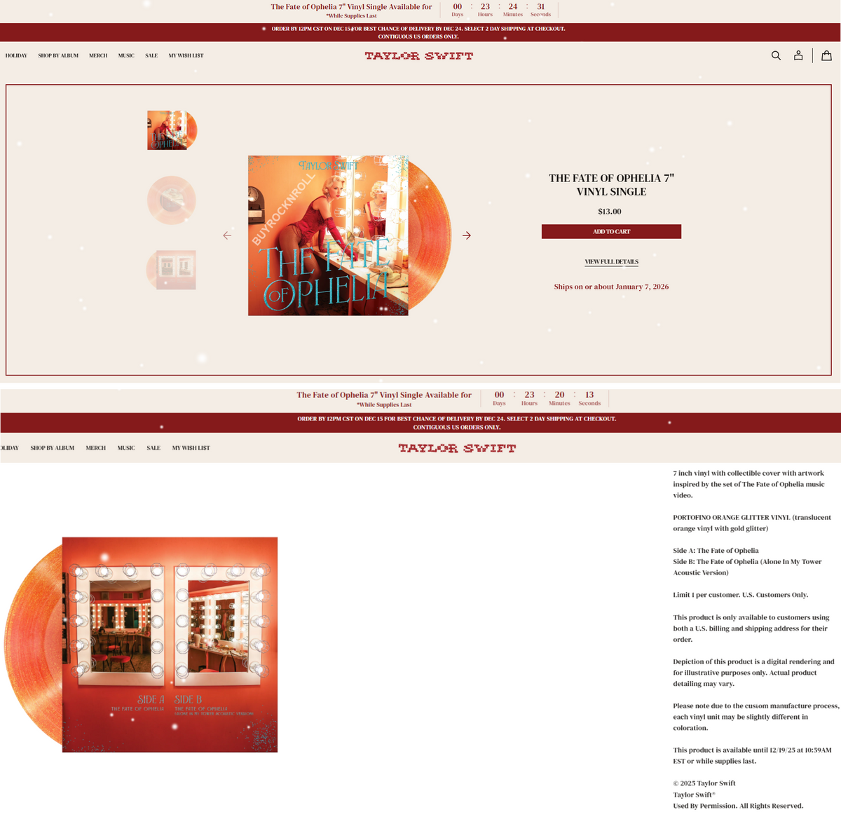 Taylor Swift Store Merchandise: Collectible 2025 The Fate of Ophelia LP Exclusive Single 7