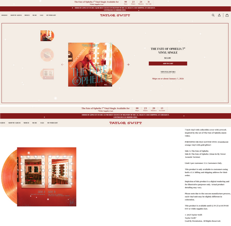 Taylor Swift Store Merchandise: Collectible 2025 The Fate of Ophelia LP Exclusive Single 7" Portofino Orange Glitter Vinyl