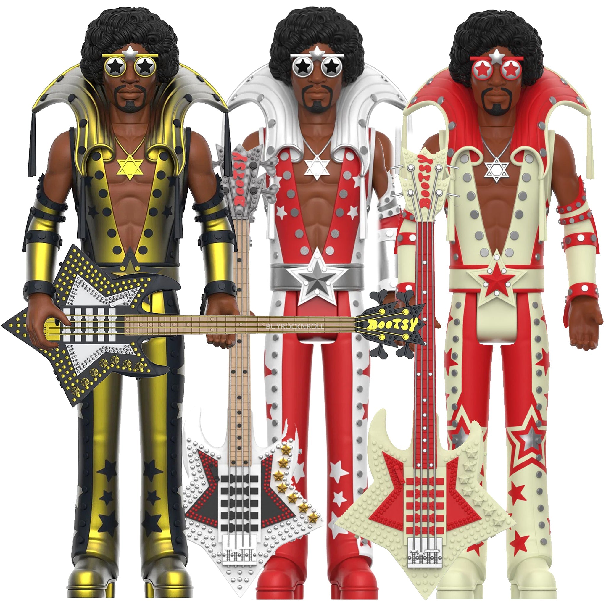 Bootsy Collins Unpunched Super7 Reaction Figure Set Black/Red, Black/Gold, Glow