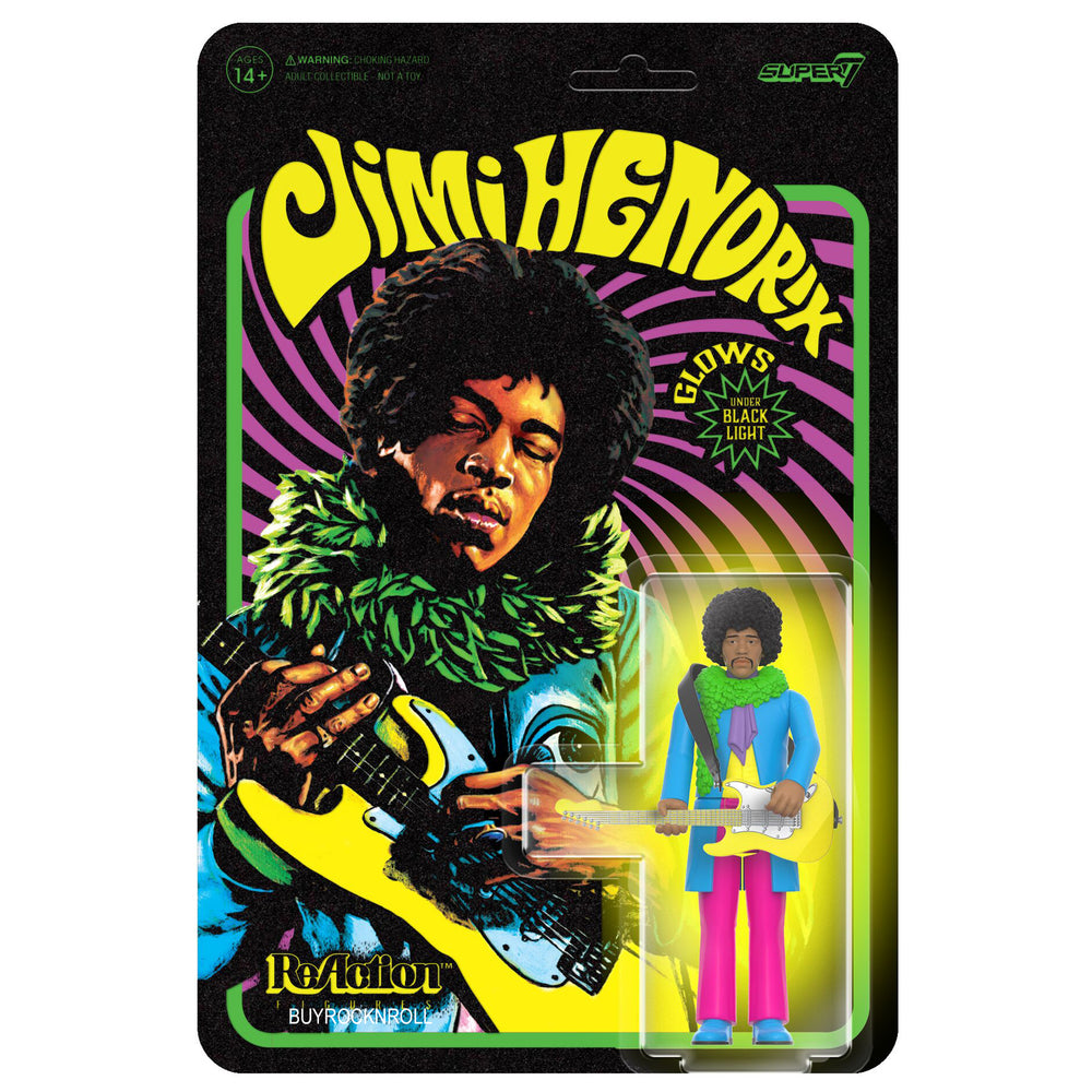 Jimi Hendrix 2023 Handpicked Super7 Reaction Blacklight Figure Are You Experienced Flocked Card