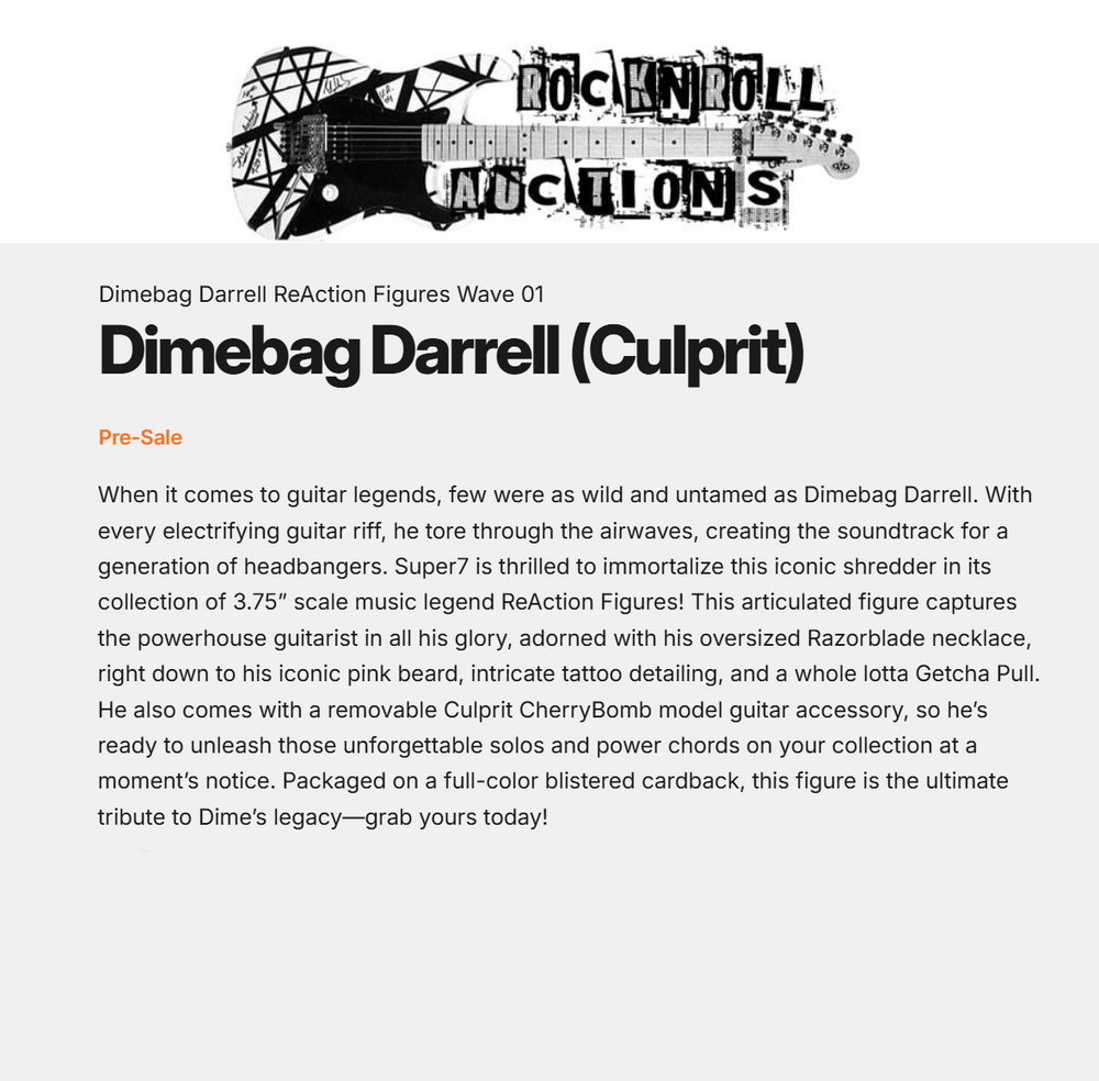 Dimebag Darrell NM/MT Collectible Unpunched 2025 Super7 Reaction Culprit Figure