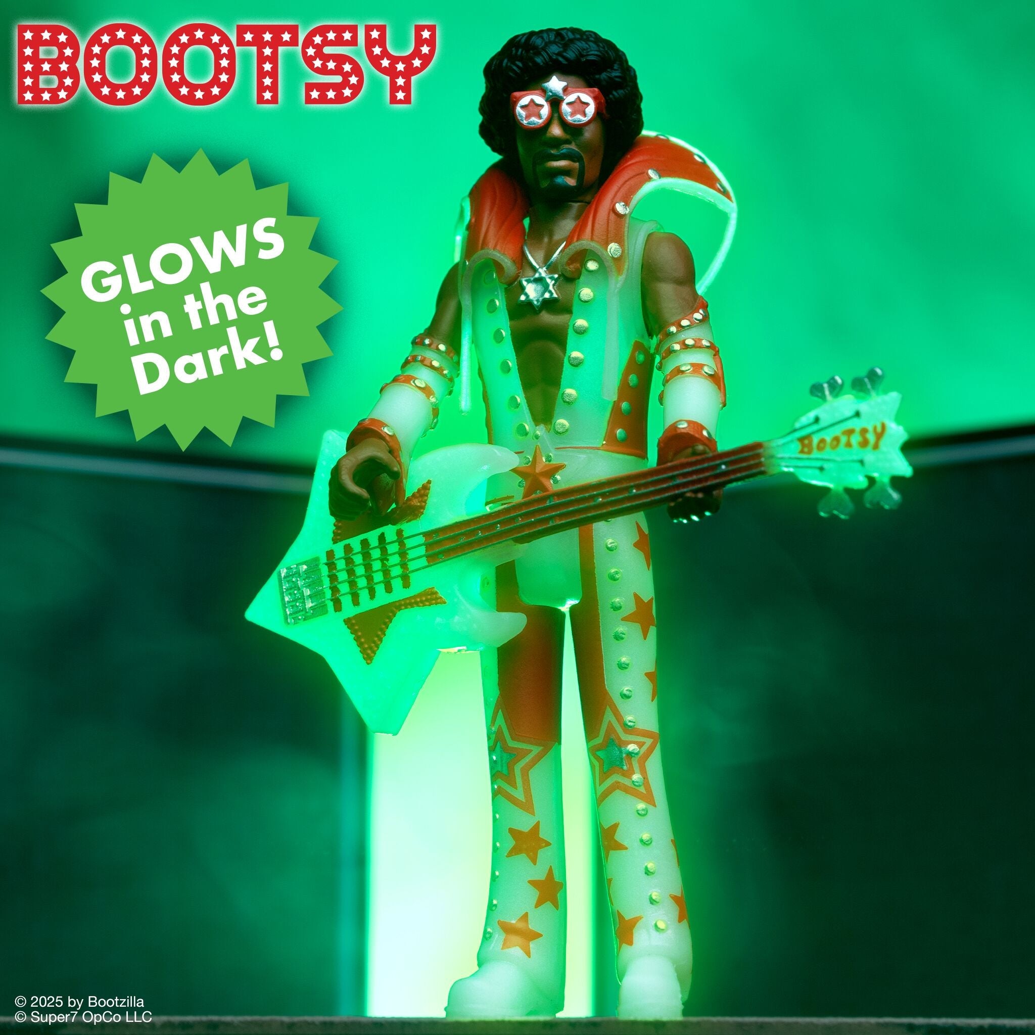 Bootsy Collins Unpunched Super7 Reaction Figure Set Black/Red, Black/Gold, Glow