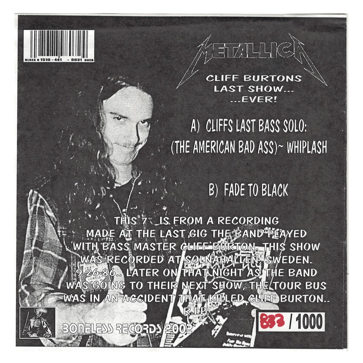 Metallica 2002 Boneless Records American Bad-Asses Cliff Burton 7