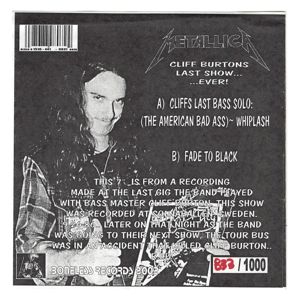 Metallica 2002 Boneless Records American Bad-Asses Cliff Burton 7" Clear 33 1/3Vinyl 45 Single #841 /1000