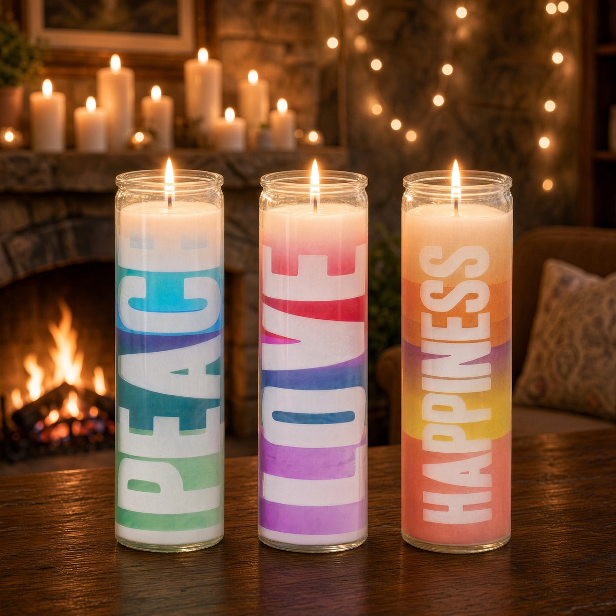 New Peace Love Happiness 7 Day Candle Set of 3 — Sisters of Los Angeles (prayer)