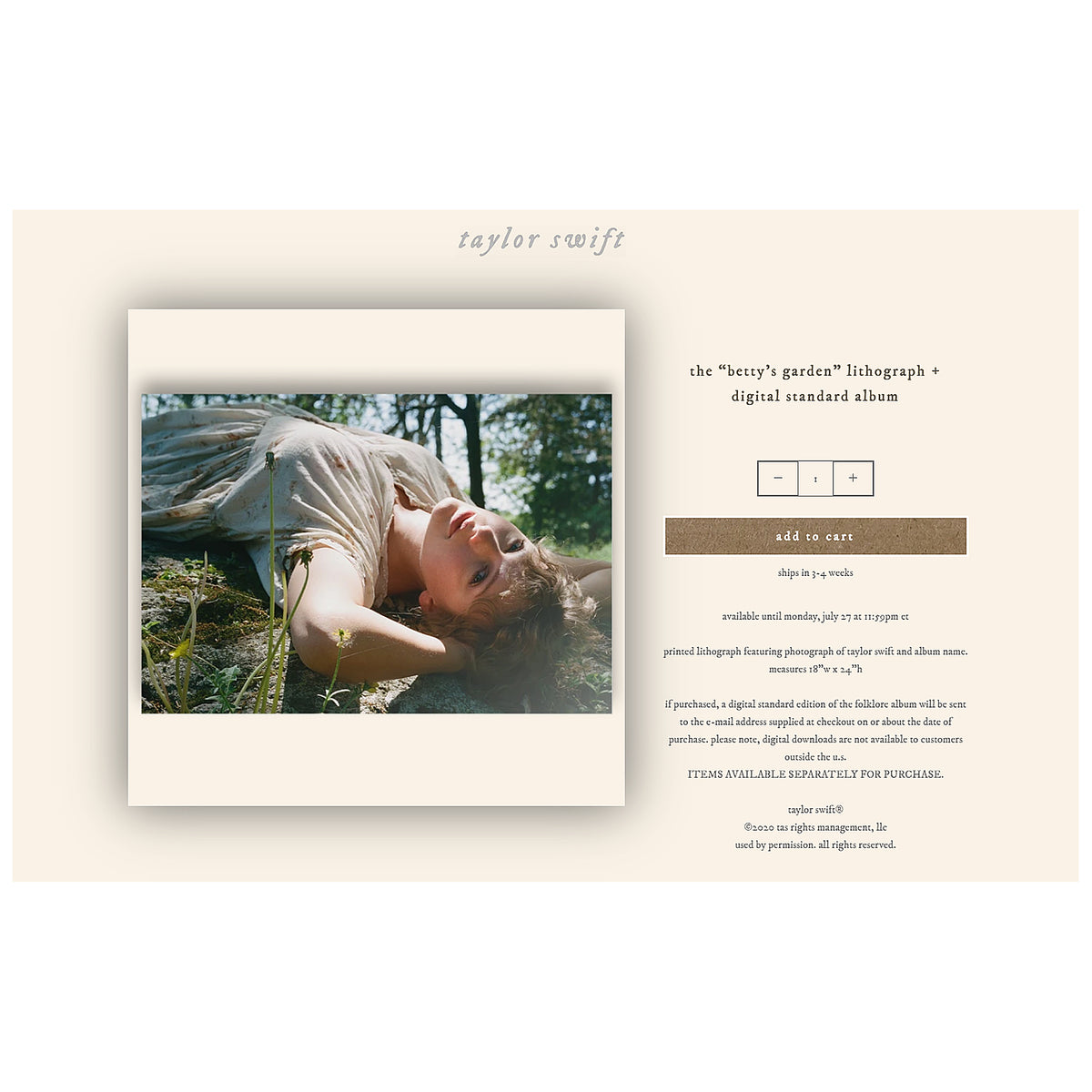 RARE! Taylor Swift Store 2020 Merchandise: Folklore Betty’s Garden Lithograph