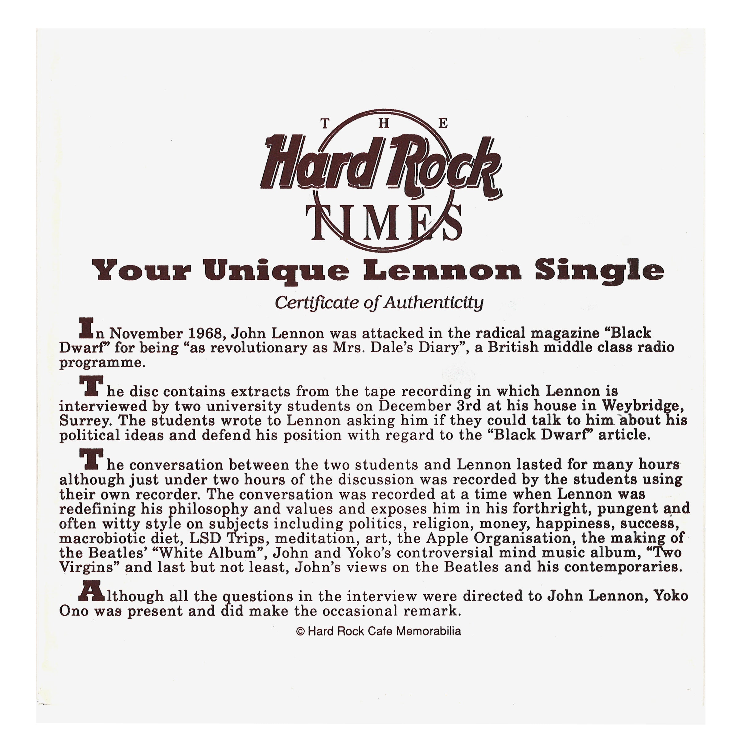 Beatles 1986 Hard Rock Cafe HRC 45 RPM 7