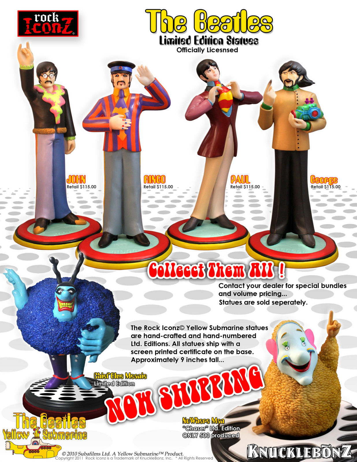 The Beatles 2011 Knucklebonz Rock Iconz Yellow Submarine Band Member Statue Set of 4