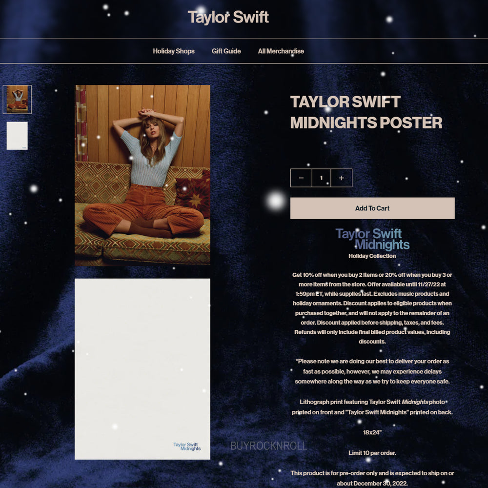 Taylor Swift Store 2022 Merchandise: "Taylor Swift Midnights" Holiday Collection Poster