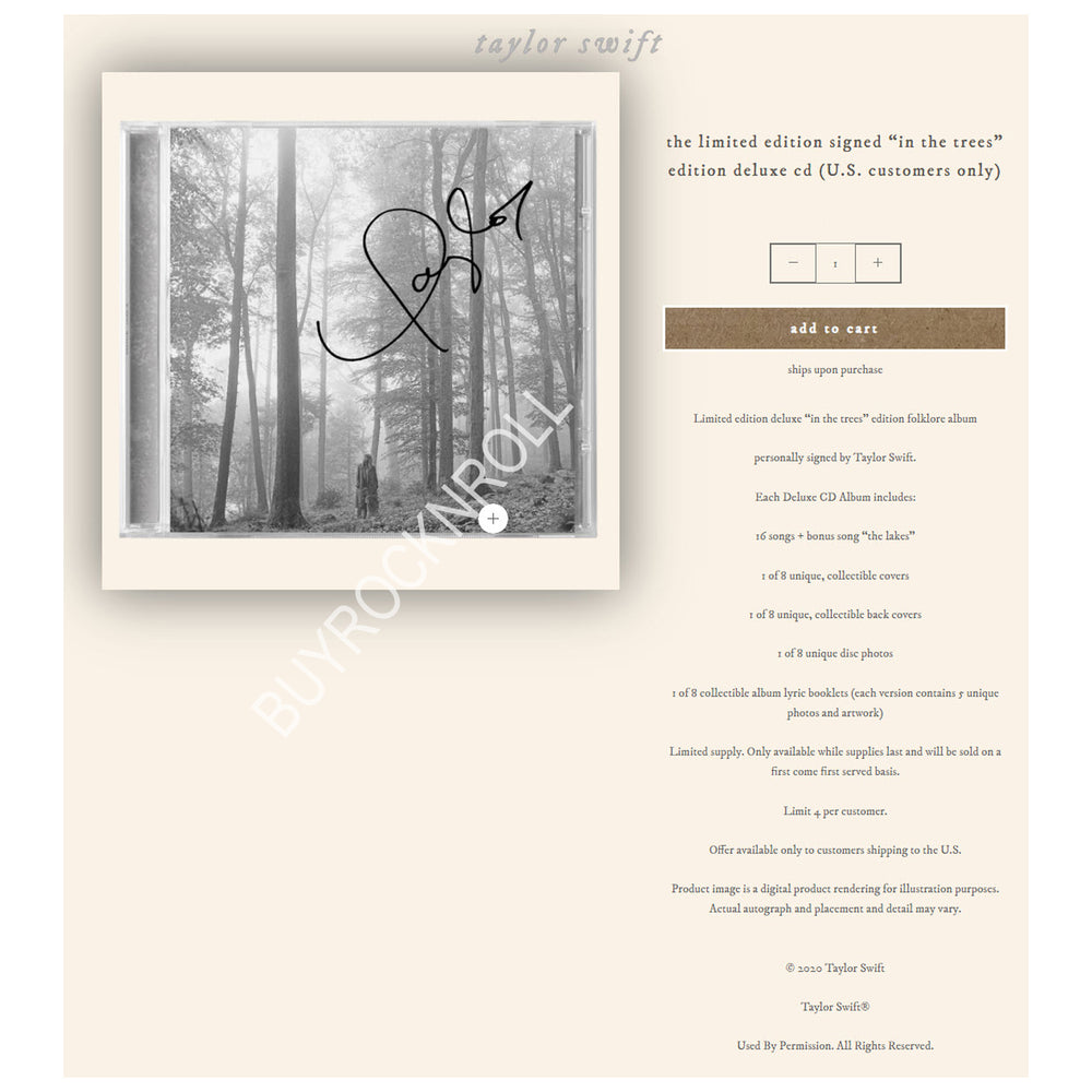 Taylor Swift Store 2020 Collectible: Collectible Limited Edition Folklore Signed "in the trees" Deluxe CD