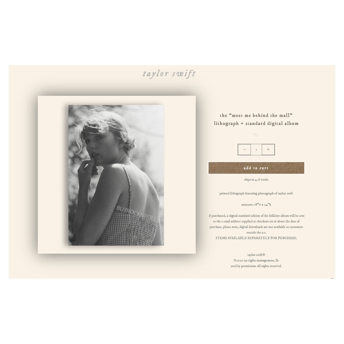 Taylor Swift Collectible 2020 Lithograph - Folklore Meet Me Behind The Mall