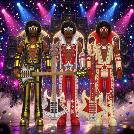 Bootsy Collins Unpunched Super7 Reaction Figure Set Black/Red, Black/Gold, Glow