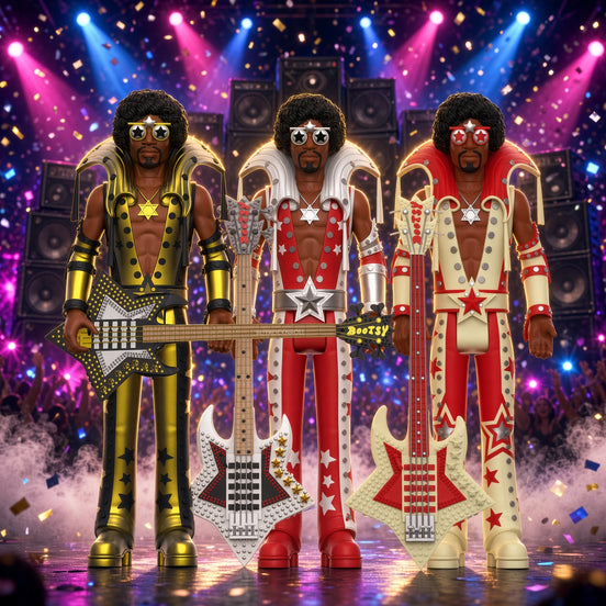 Bootsy Collins Unpunched Super7 Reaction Figure Set Black/Red, Black/Gold, Glow