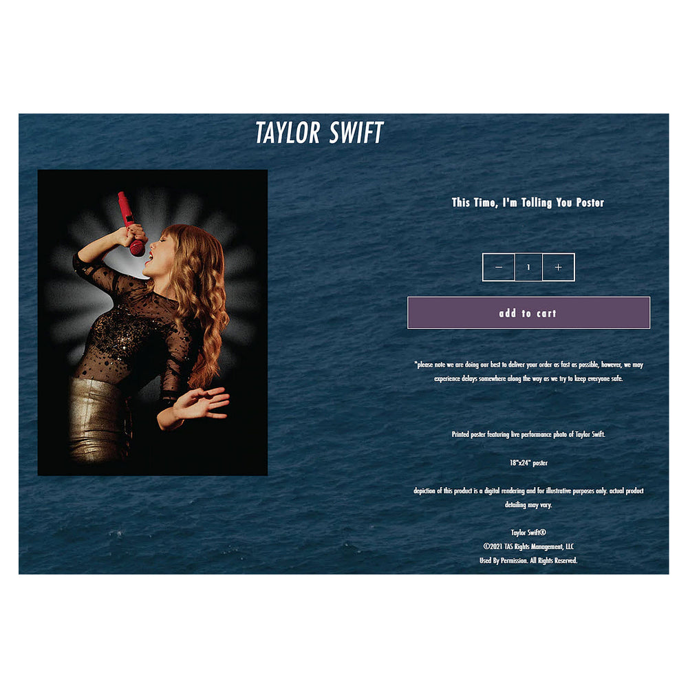 Taylor Swift Collectible 2022 This Time I'm Telling You Poster/Lithograph