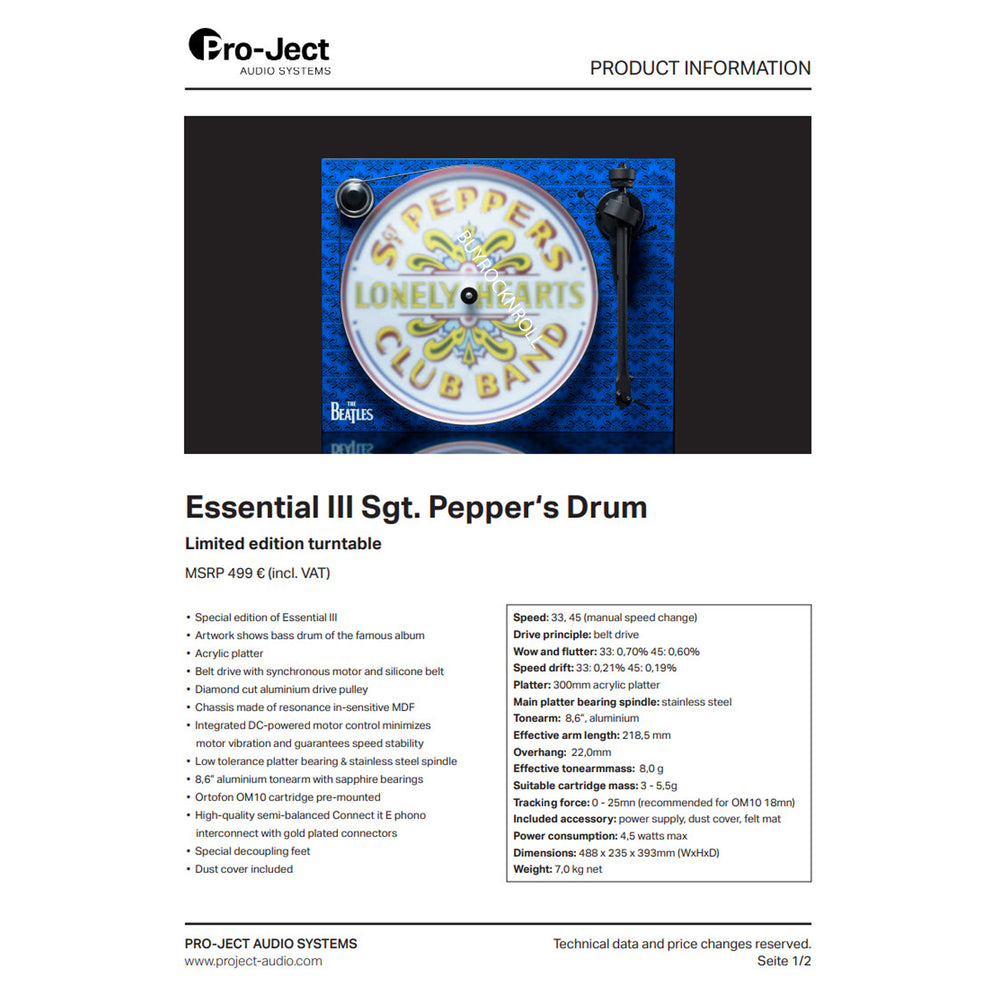 Beatles Collectible 2017 Pro-ject Essential III SGT Peppers Turntable with  Ortofon OM-10